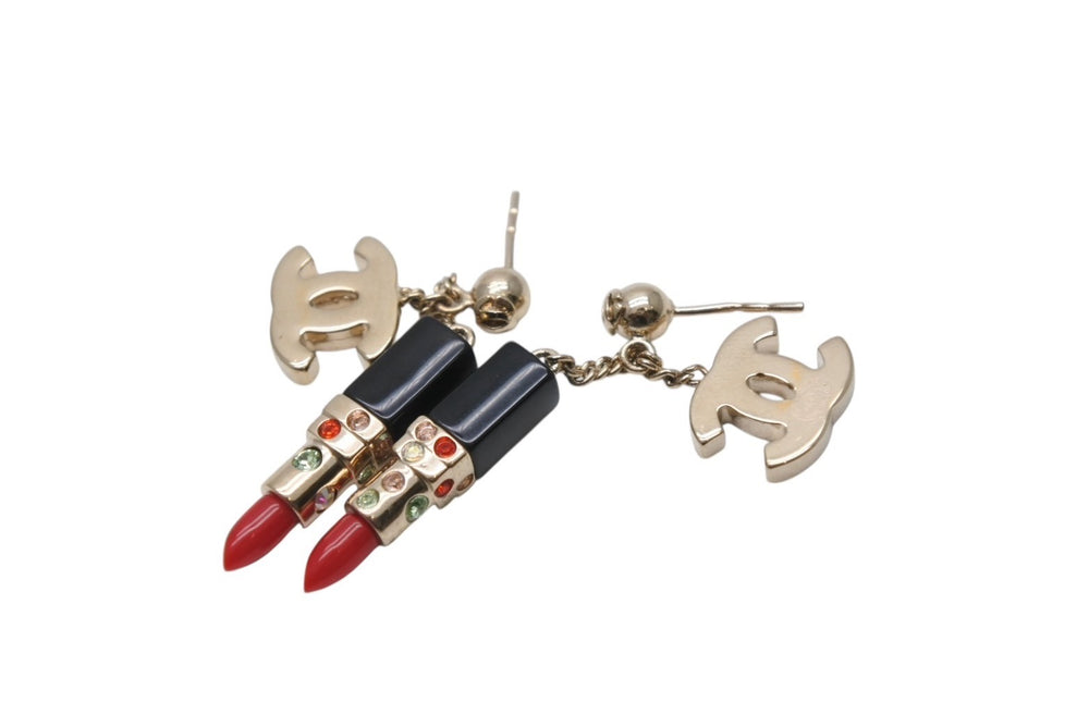 極美品 CHANEL シャネル ピアス ココマーク リップスティック ピアス 両耳 04A刻印 8.6g GP ゴールド ブラック レッド 中古 4b003957