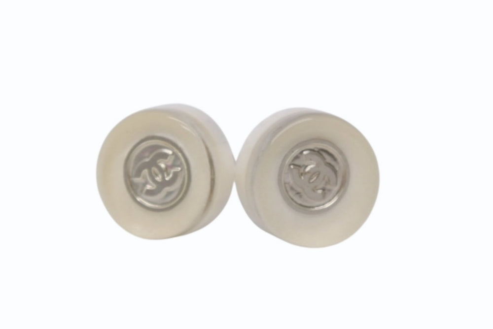CHANEL Earrings Round Button Coco Mark 99A Engraved Both Ears 2.1g Plastic Metal Clear White Silver Good Condition Used 4b003984