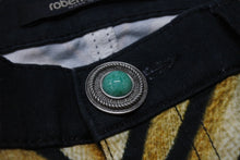 Load image into Gallery viewer, 新品未使用 Roberto Cavalli ロベルトカバリ デニムパンツ テーパード Ray of Gold print コットン エラステン ブラック サイズ42 中古 4b003995