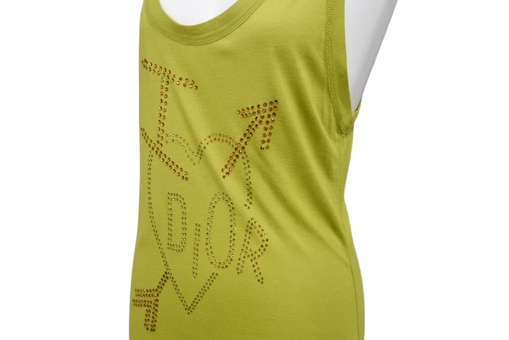 Christian Dior Heart Logo Rhinestone Sleeveless Green Galliano Rayon Crystal 4H16155970 Size 40 Good Condition Used 4b004063