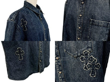 画像をギャラリービューアに読み込む, CHROMEHEARTS クロムハーツ LOOSEENDS LS ルーズエンド デニムクロスパッチクロスボールボタンデニム長袖シャツ サイズXL 美品 中古 4b004059