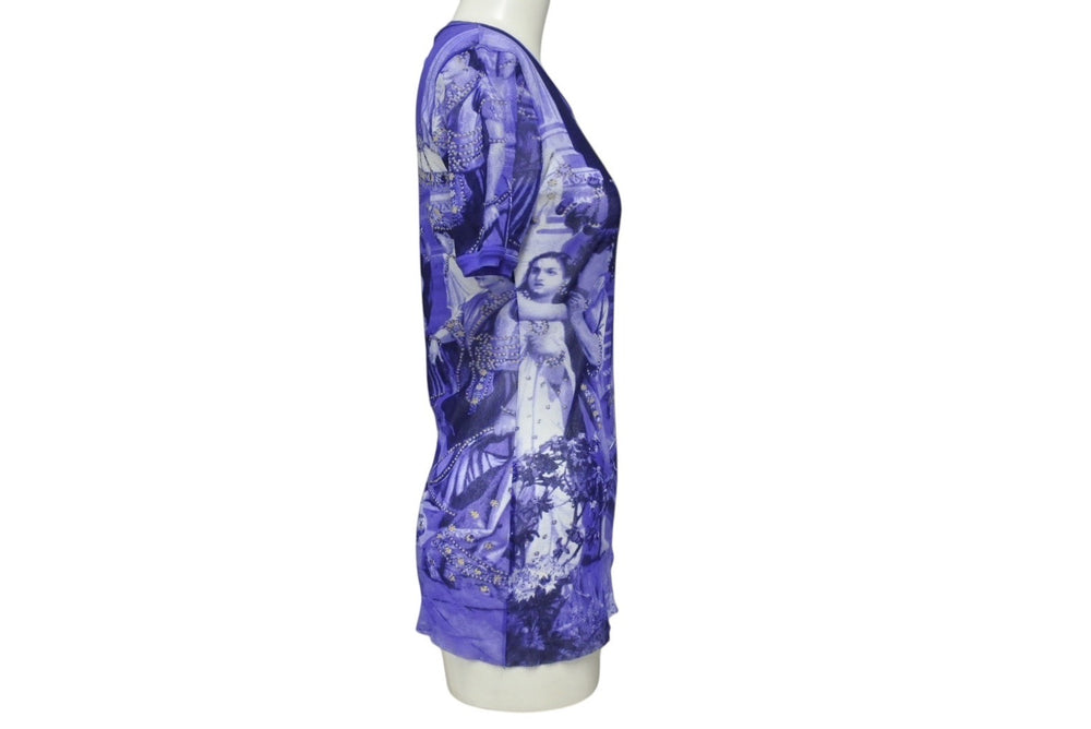 JEAN PAUL GAULTIER MAILLE ジャンポールゴルチエ マイユ 総柄 半袖 パワーネット ブルー 人物柄 ナイロン メッシュ サイズM 美品 中古 4b004065