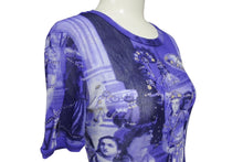 画像をギャラリービューアに読み込む, JEAN PAUL GAULTIER MAILLE ジャンポールゴルチエ マイユ 総柄 半袖 パワーネット ブルー 人物柄 ナイロン メッシュ サイズM 美品 中古 4b004065