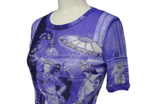 画像をギャラリービューアに読み込む, JEAN PAUL GAULTIER MAILLE ジャンポールゴルチエ マイユ 総柄 半袖 パワーネット ブルー 人物柄 ナイロン メッシュ サイズM 美品 中古 4b004065