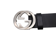 画像をギャラリービューアに読み込む, GUCCI グッチ インターロッキングG ベルト GGロゴ 368186 レザー ブラック サイズ34 シルバー金具 美品 中古 4b004078