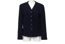 画像をギャラリービューアに読み込む, 極美品 CHANEL シャネル ノーカラー ツイードジャケット サイズ40 ココマークボタン ネイビー ヴィンテージ 中古 4b004128