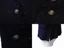画像をギャラリービューアに読み込む, 極美品 CHANEL シャネル ノーカラー ツイードジャケット サイズ40 ココマークボタン ネイビー ヴィンテージ 中古 4b004128