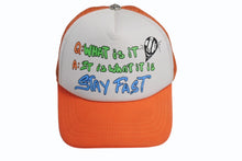 画像をギャラリービューアに読み込む, CHROME HEARTS クロムハーツ MATTY BOY マッティボーイ Sex Records It Is What It Is Trucker Hat メッシュキャップ オレンジ 美品 中古 4b004148