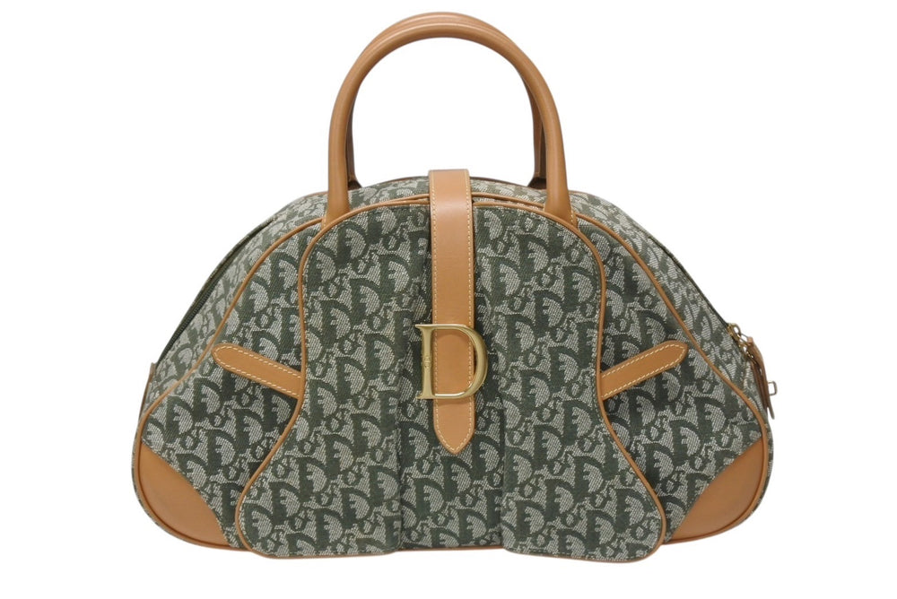 Very Good Condition Christian Dior Double Saddle Bag Handbag MA-0081 Trotter Pattern Khaki Used 4b004288