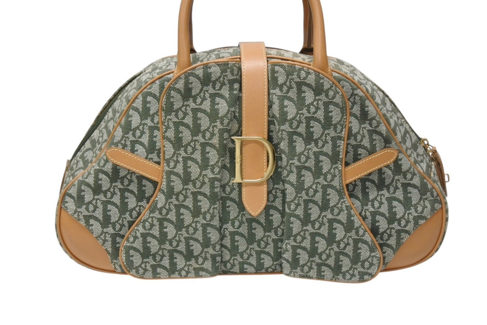 Very Good Condition Christian Dior Double Saddle Bag Handbag MA-0081 Trotter Pattern Khaki Used 4b004288