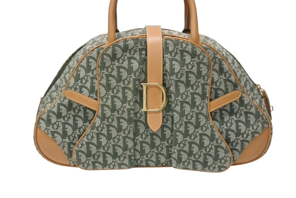 極美品 Christian Dior クリスチャンディオール ダブルサドルバッグ ハンドバッグ MA-0081 トロッター柄 カーキ 中古 4b004288