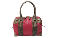 画像をギャラリービューアに読み込む, FENDI フェンディ ズッカ柄 ズッキーノ ロゴ ハンドバッグ コットン レザー ブラウン ベージュ ピンク ゴールド金具 美品 中古 4b004299