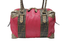 画像をギャラリービューアに読み込む, FENDI フェンディ ズッカ柄 ズッキーノ ロゴ ハンドバッグ コットン レザー ブラウン ベージュ ピンク ゴールド金具 美品 中古 4b004299