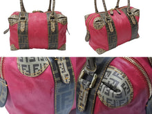 画像をギャラリービューアに読み込む, FENDI フェンディ ズッカ柄 ズッキーノ ロゴ ハンドバッグ コットン レザー ブラウン ベージュ ピンク ゴールド金具 美品 中古 4b004299