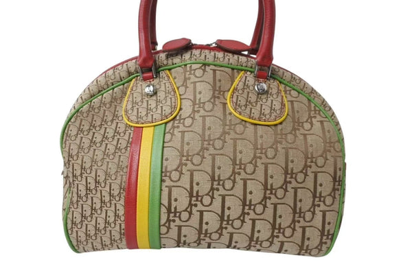 Very Good Condition Christian Dior Handbag Galliano Period Canvas Leather Rasta Color Trotter Silver Hardware Used 4b004322