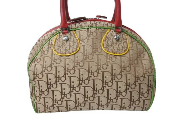 Very Good Condition Christian Dior Handbag Galliano Period Canvas Leather Rasta Color Trotter Silver Hardware Used 4b004322