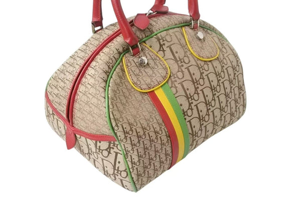 Very Good Condition Christian Dior Handbag Galliano Period Canvas Leather Rasta Color Trotter Silver Hardware Used 4b004322