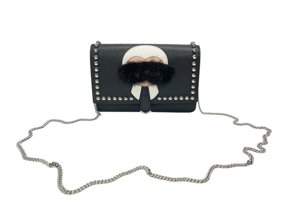 極美品 FENDI フェンディ ショルダーバッグ チェーンウォレット カールラガーフェルド 8M0346 レザー ブラック シルバー金具 中古 4b004329