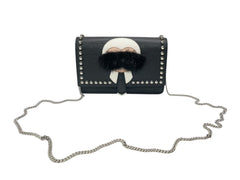 極美品 FENDI フェンディ ショルダーバッグ チェーンウォレット カールラガーフェルド 8M0346 レザー ブラック シルバー金具 中古 4b004329