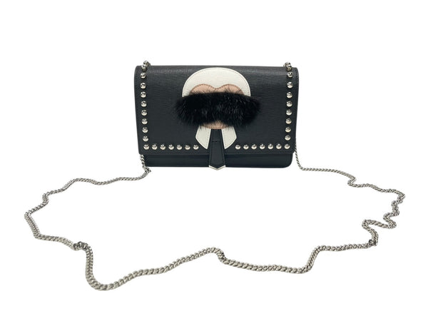 極美品 FENDI フェンディ ショルダーバッグ チェーンウォレット カールラガーフェルド 8M0346 レザー ブラック シルバー金具 中古 4b004329