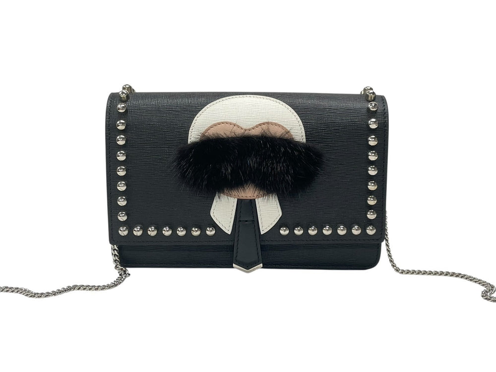 極美品 FENDI フェンディ ショルダーバッグ チェーンウォレット カールラガーフェルド 8M0346 レザー ブラック シルバー金具 中古 4b004329