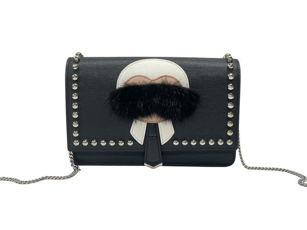 極美品 FENDI フェンディ ショルダーバッグ チェーンウォレット カールラガーフェルド 8M0346 レザー ブラック シルバー金具 中古 4b004329