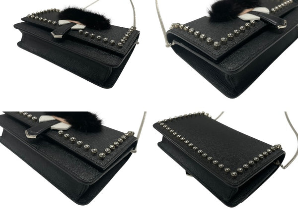 極美品 FENDI フェンディ ショルダーバッグ チェーンウォレット カールラガーフェルド 8M0346 レザー ブラック シルバー金具 中古 4b004329