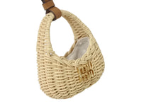 Load image into Gallery viewer, 極美品 MIUMIU ミュウミュウ ウィッカー トリック バッグチャーム ロゴ ミニ レザー ベージュ ブラウン ゴールド金具 中古 4b004355