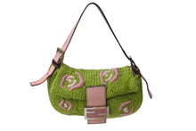 画像をギャラリービューアに読み込む, FENDI フェンディ ワンショルダーバッグ ハンドバッグ マンマバケット ニット ハラコ ピンク グリーン シルバー金具 美品 中古 4b004459