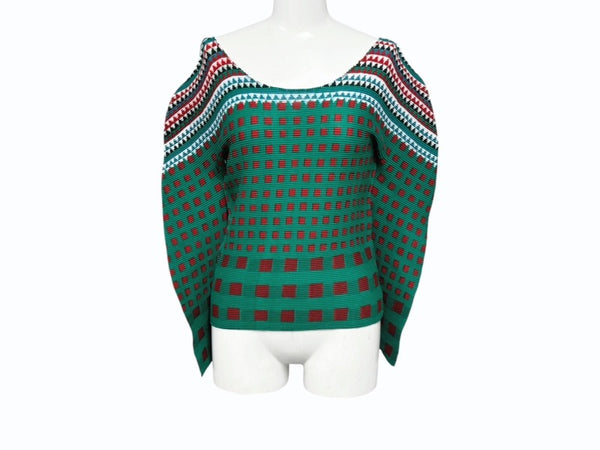 極美品 ISSEY MIYAKE ME イッセイミヤケ ミー 長袖Tシャツ カットソー MI53FJ492 幾何学柄 グリーン マルチカラー 中古 4b004469