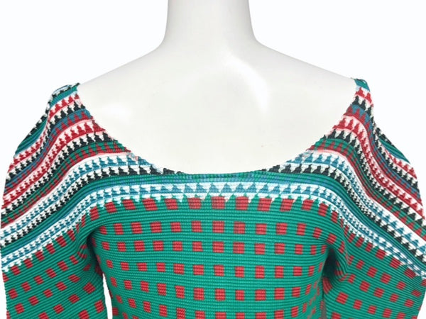 極美品 ISSEY MIYAKE ME イッセイミヤケ ミー 長袖Tシャツ カットソー MI53FJ492 幾何学柄 グリーン マルチカラー 中古 4b004469