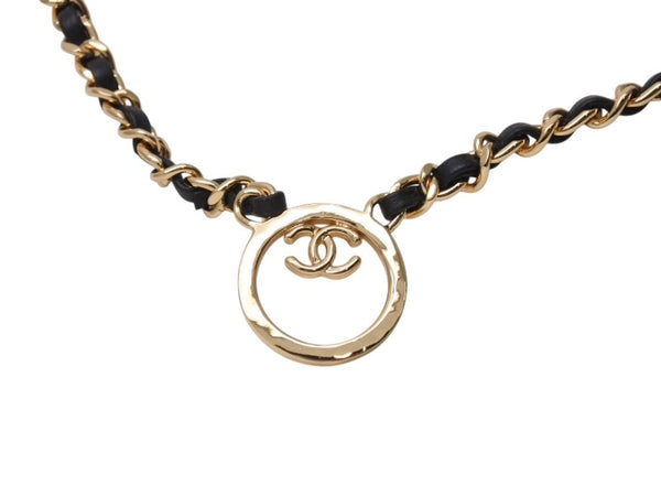新品未使用 CHANEL シャネル チェーンネックレス ABC578 重量約65.3g B24C刻印 ココマーク レザー メタル ゴールド ブラック 中古 4b004482