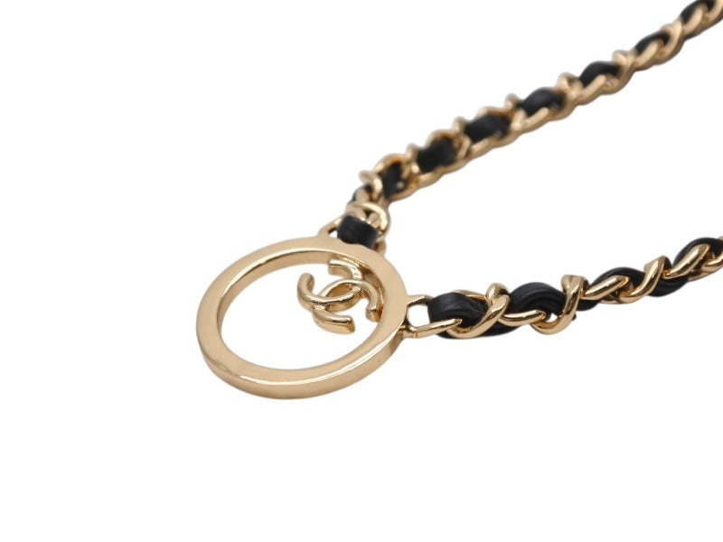 New and unused CHANEL Chain Necklace ABC578 Weight approx. 65.3g B24C Stamp Coco Mark Leather Metal Gold Black Used 4b004482
