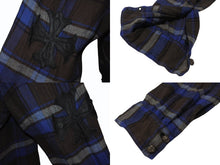 画像をギャラリービューアに読み込む, CHROME HEARTS クロムハーツ 長袖 チェックシャツ クロスボールボタン クロスパッチ ブラウン ブルー サイズL 美品 中古 4b004594