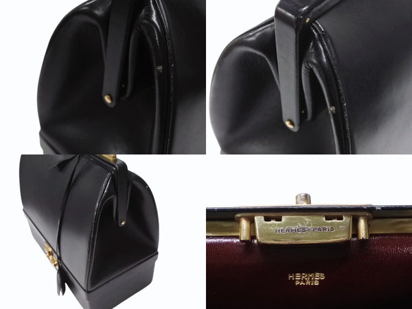 HERMES エルメス ヴィンテージ STEEL VANITY BAG サック マレット スティール バニティ ハンドバッグ ボックスカーフ ブラック ゴールド金具 美品 中古 4b004728
