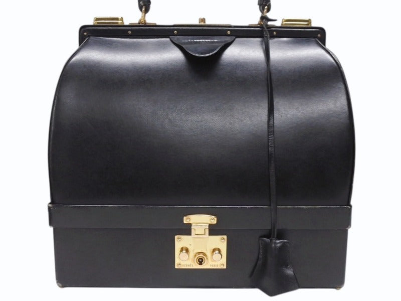 HERMES エルメス ヴィンテージ STEEL VANITY BAG サック マレット スティール バニティ ハンドバッグ ボックスカーフ ブラック ゴールド金具 美品 中古 4b004728