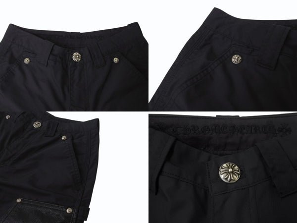 極美品 CHROME HEARTS クロムハーツ ダブルニーパンツ サイズ25 CHクロスレザーパッチ シルバー925 ブラック 中古 4b004761