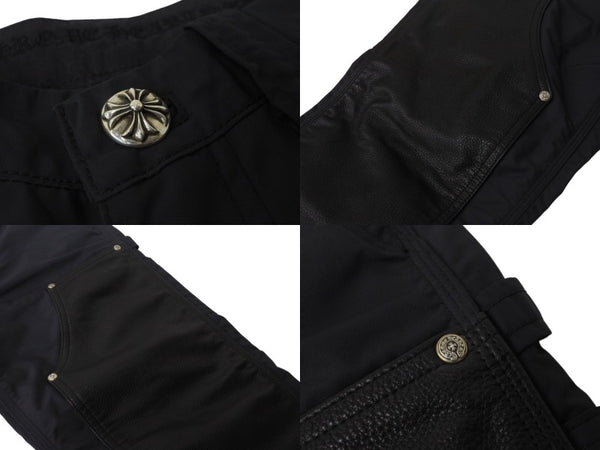 極美品 CHROME HEARTS クロムハーツ ダブルニーパンツ サイズ25 CHクロスレザーパッチ シルバー925 ブラック 中古 4b004761