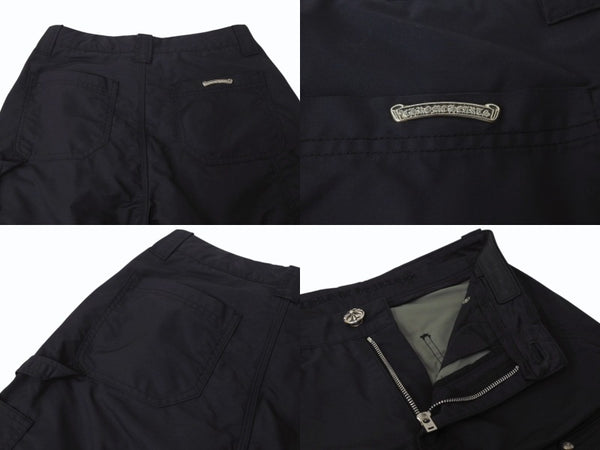 極美品 CHROME HEARTS クロムハーツ ダブルニーパンツ サイズ25 CHクロスレザーパッチ シルバー925 ブラック 中古 4b004761