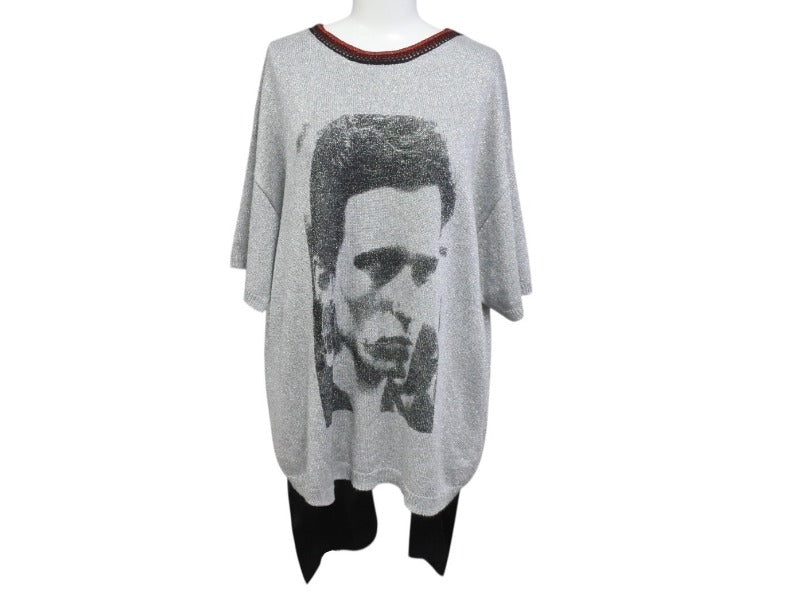 Very Good Condition RAF SIMONS The Clash Summer Knit 915568 Scarf Docking Lamé Silver Rayon Polyester Size XS Used 4b004934