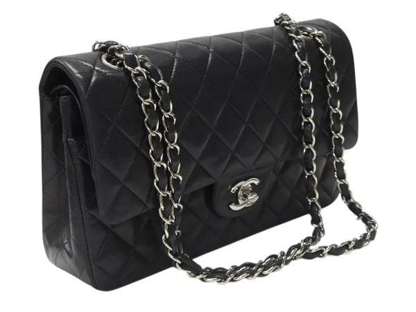 CHANEL シャネル マトラッセ25 Wフラップ Wチェーンショルダーバッグ 6番台 ココマーク ラムスキン ブラック 美品 中古 4b004966