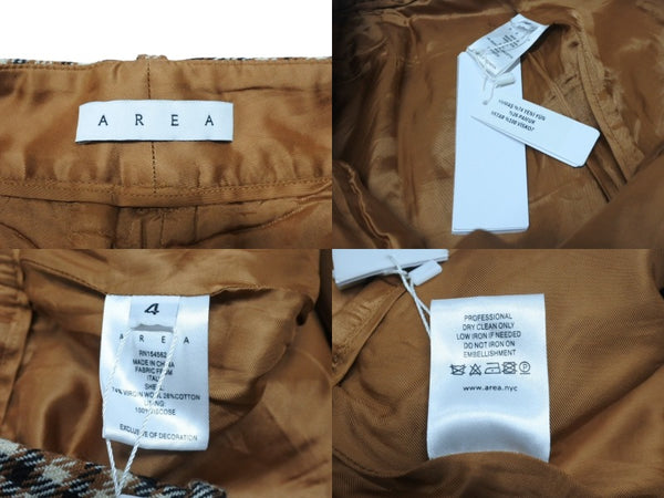 新品同様 AREA エリア ウール コットン混 チェック柄 ワイドパンツ クリスタル付き ブラウン サイズ4 中古 4b004986