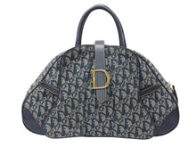 Load image into Gallery viewer, Christian Dior クリスチャンディオール ダブルサドルバッグ MA-0091トロッター ネイビー キャンバス レザー 美品 中古 4b004991