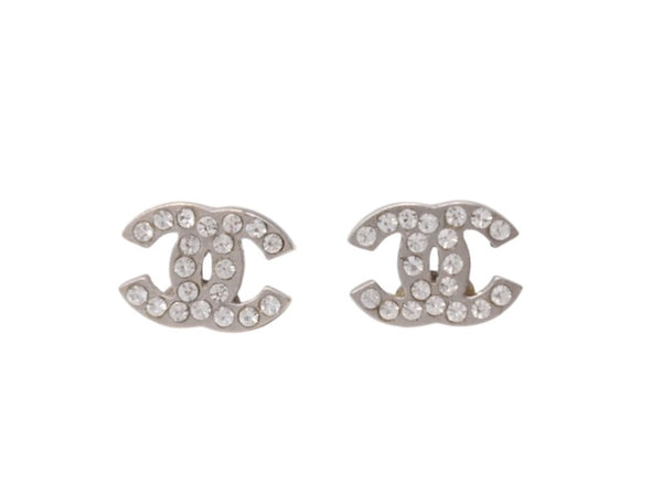 極美品 CHANEL シャネル ココマーク ピアス 重量約1.6g 09V刻印 ラインストーン メタル シルバー クリア 両耳用 中古 4b005029