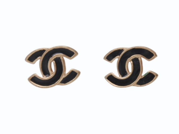 極美品 CHANEL シャネル ココマーク ピアス 両耳 アクセサリー 02A刻印 4.1g GP ブラック ゴールドフレーム 中古 4b005033