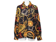 画像をギャラリービューアに読み込む, CELINE セリーヌ 長袖シャツ ヴィンテージ ゴールドチェーンプリント 総柄 シルク ブラック サイズ36 美品 中古 4b005091