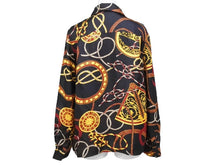 画像をギャラリービューアに読み込む, CELINE セリーヌ 長袖シャツ ヴィンテージ ゴールドチェーンプリント 総柄 シルク ブラック サイズ36 美品 中古 4b005091