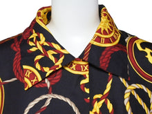 画像をギャラリービューアに読み込む, CELINE セリーヌ 長袖シャツ ヴィンテージ ゴールドチェーンプリント 総柄 シルク ブラック サイズ36 美品 中古 4b005091