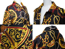 画像をギャラリービューアに読み込む, CELINE セリーヌ 長袖シャツ ヴィンテージ ゴールドチェーンプリント 総柄 シルク ブラック サイズ36 美品 中古 4b005091