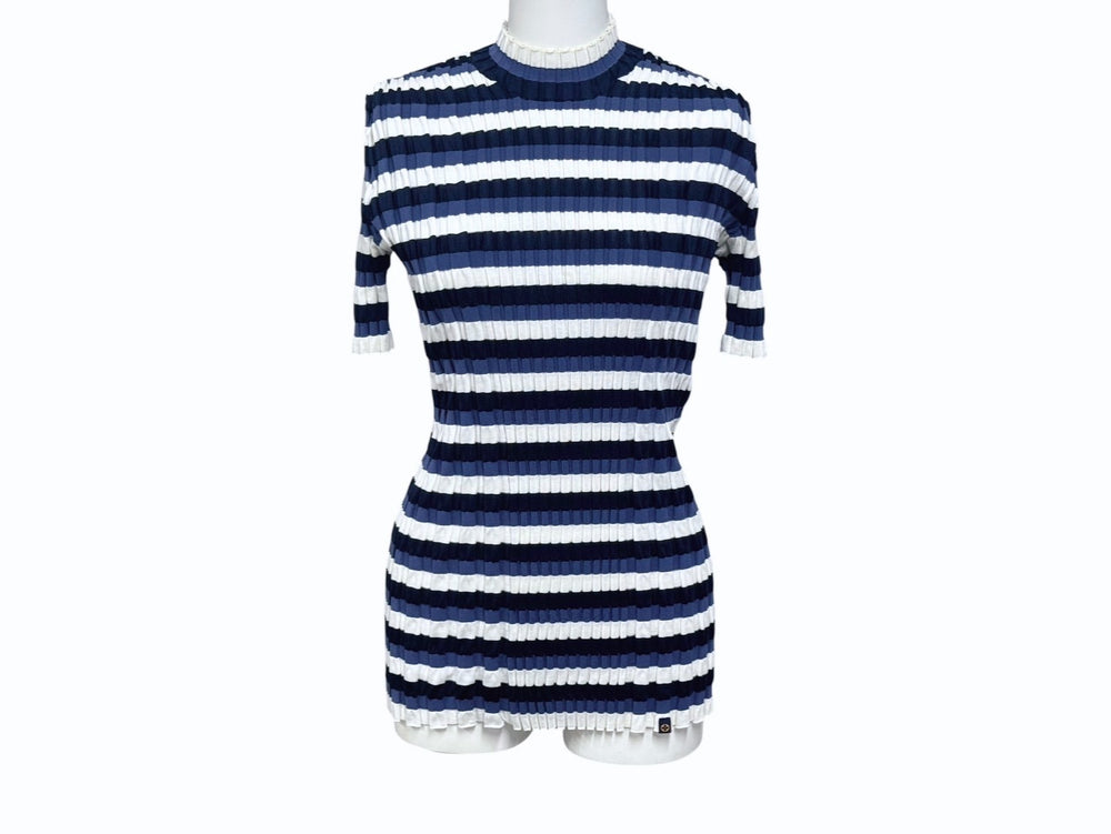 LOUIS VUITTON Border Rib Knit Short Sleeve Tops Blue White Size M Good Condition Used 4b005116